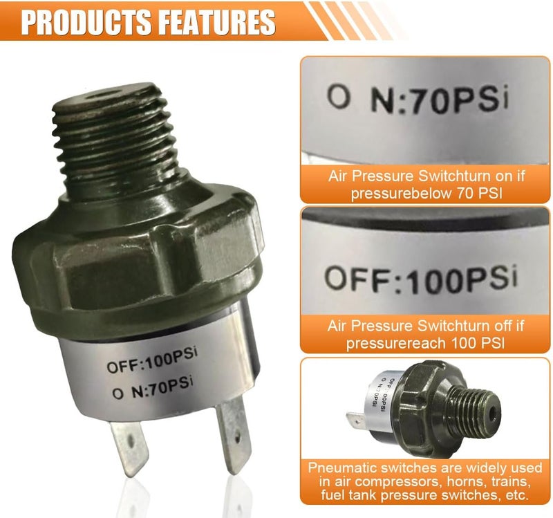 BDZMC 70-100 PSI Air Pressure Switch, 1/4" NPT Thread Air Compressor Pressure Switch, DC 24V 12V Pressure Switch, 70 PSI Air Horn/Tank Pressure Switch (70-100PSI) - Image 3